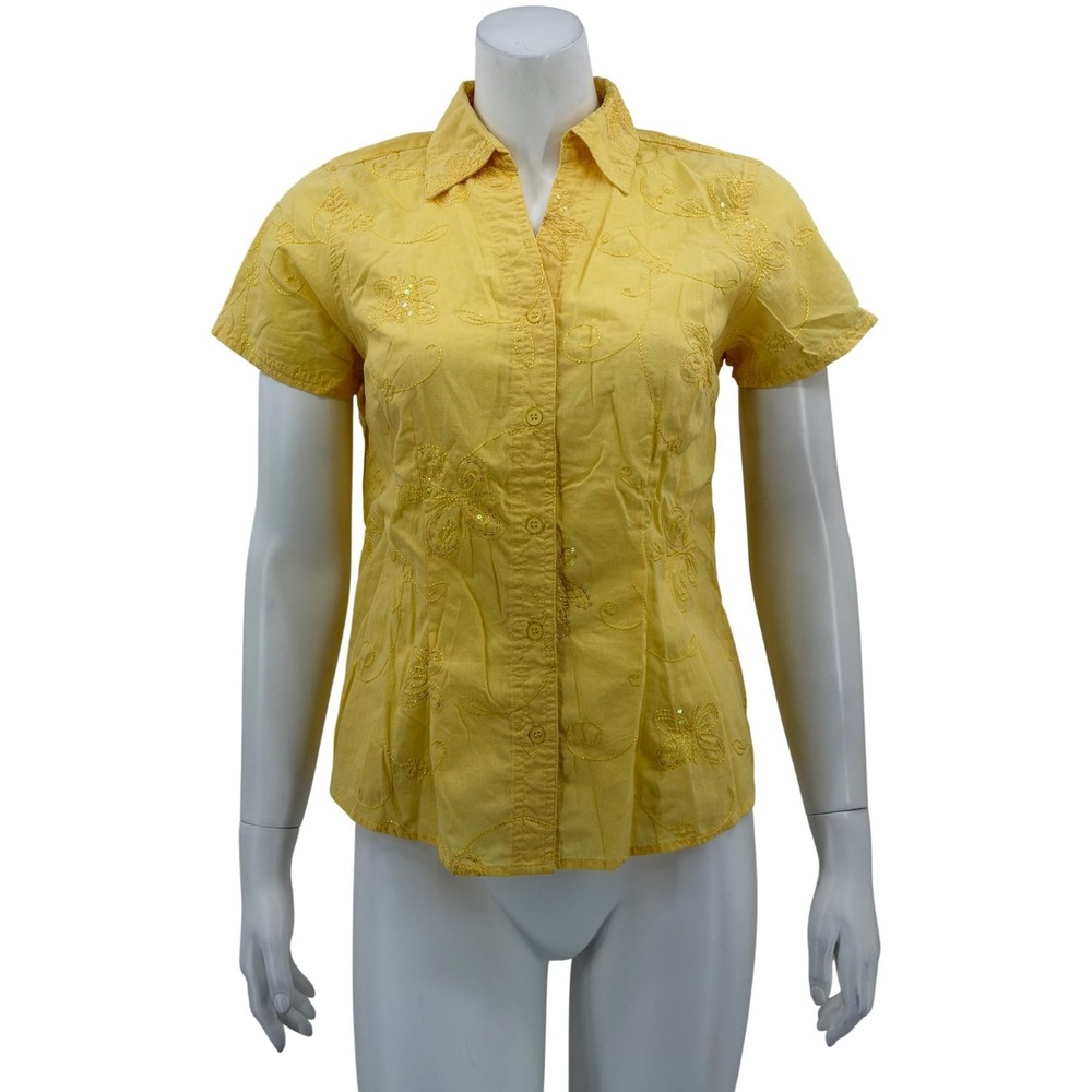Lemon Grass Top Womens Small Yellow Floral Embroidered Sequin Button Up Cottage